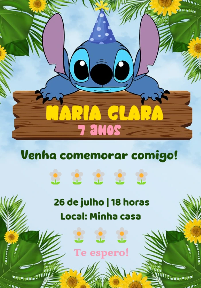Convite de Aniversário Stitch Tropical para Editar Online