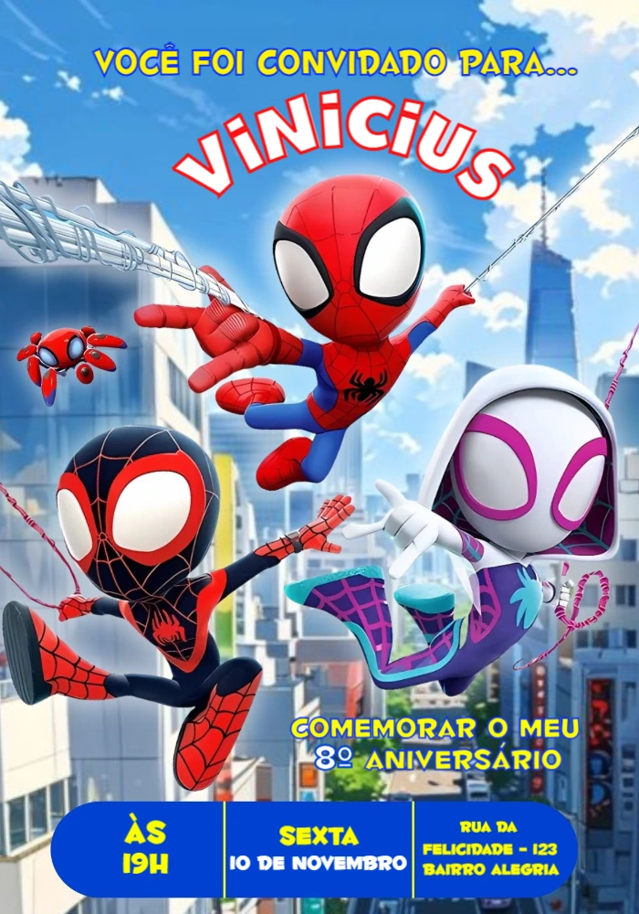 Convite Aniversário Spidey e Seus Amigos para Editar Online