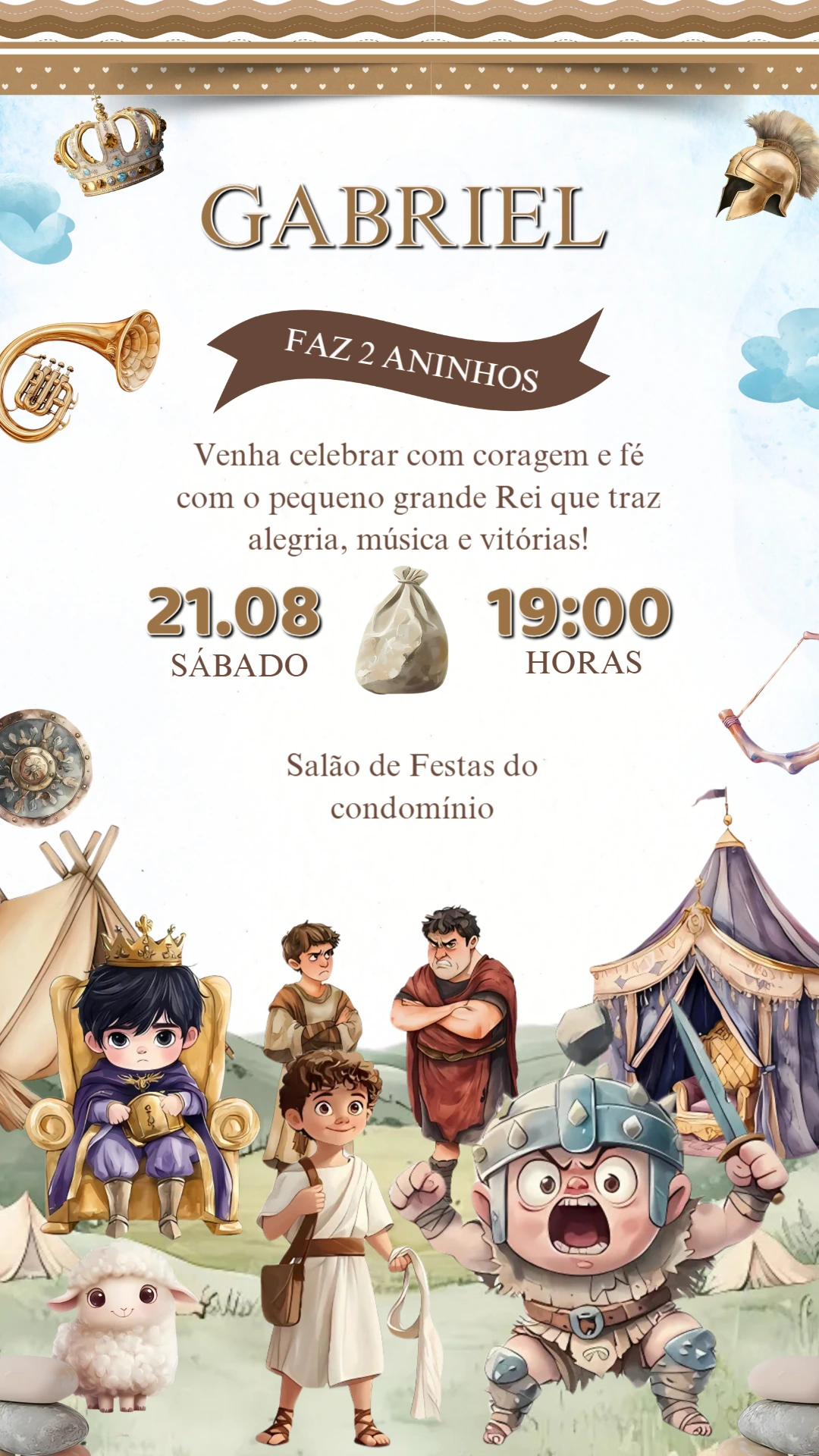 Convite de Aniversário Davi e Golias para Editar Online