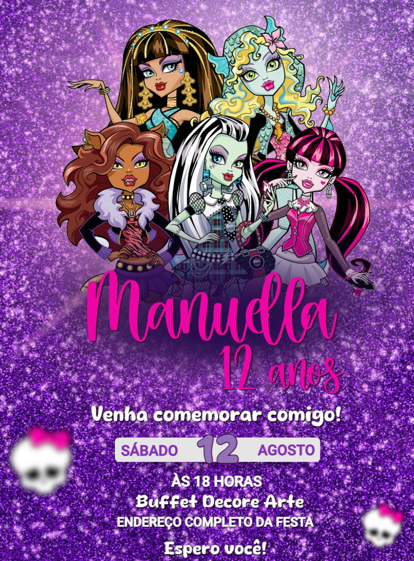 Convite Aniversário Monster High com Personagens para Editar