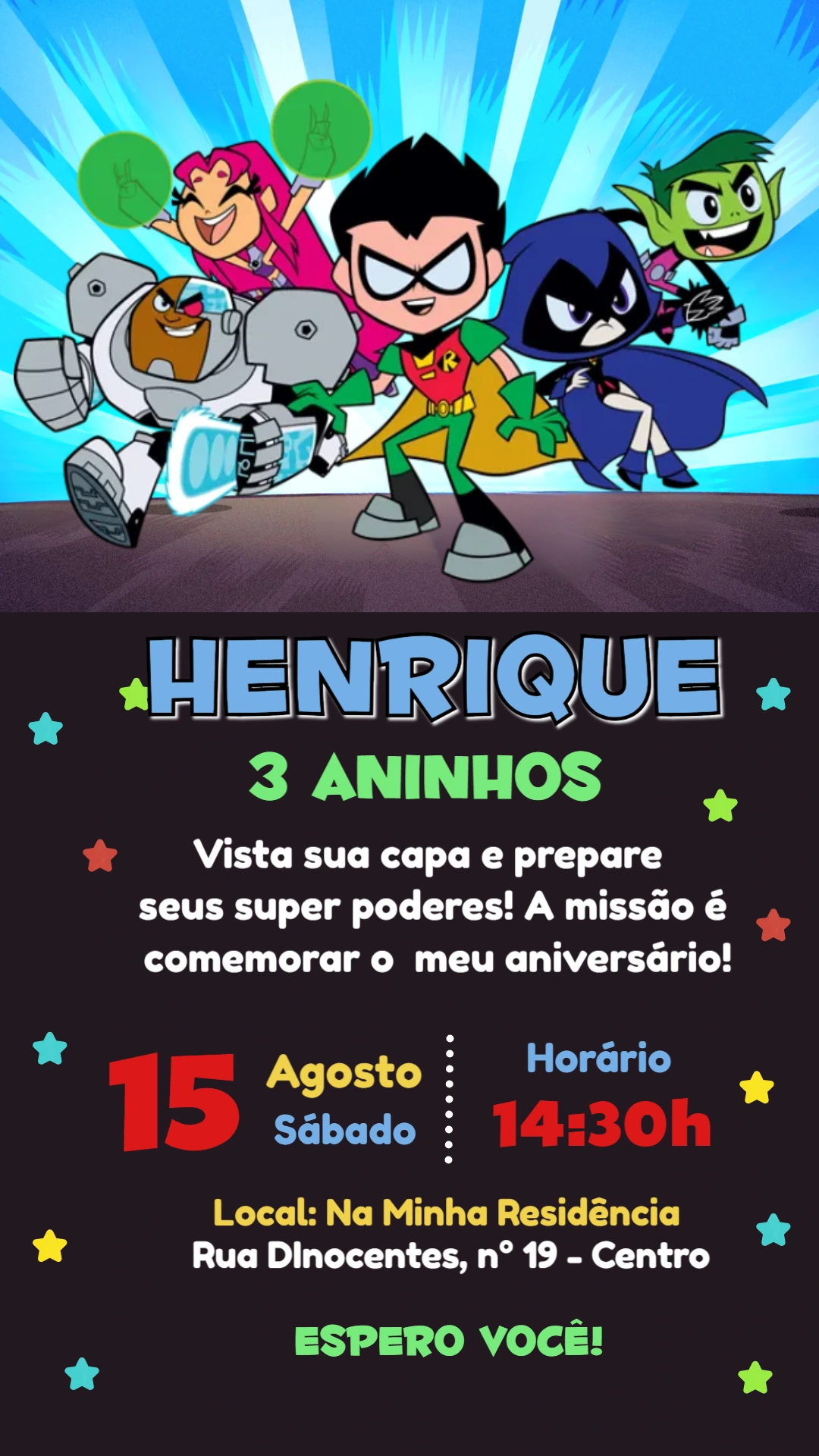 Convite Animado Aniversário Jovens Titãs para Editar Online
