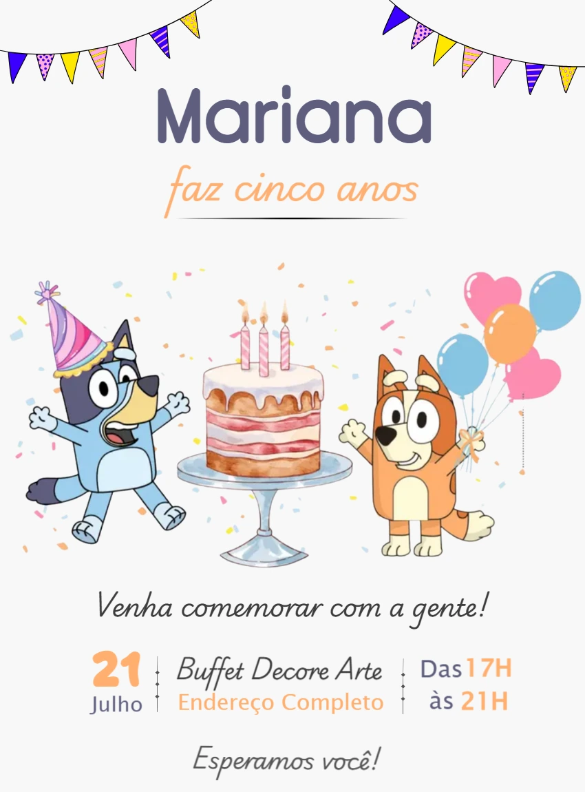 Convite Digital Aniversário Infantil Tema Bluey Editável