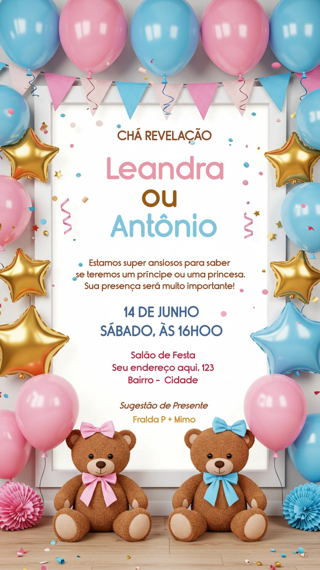 Convite Chá Revelação Ursinhos Azul e Rosa para Editar Online