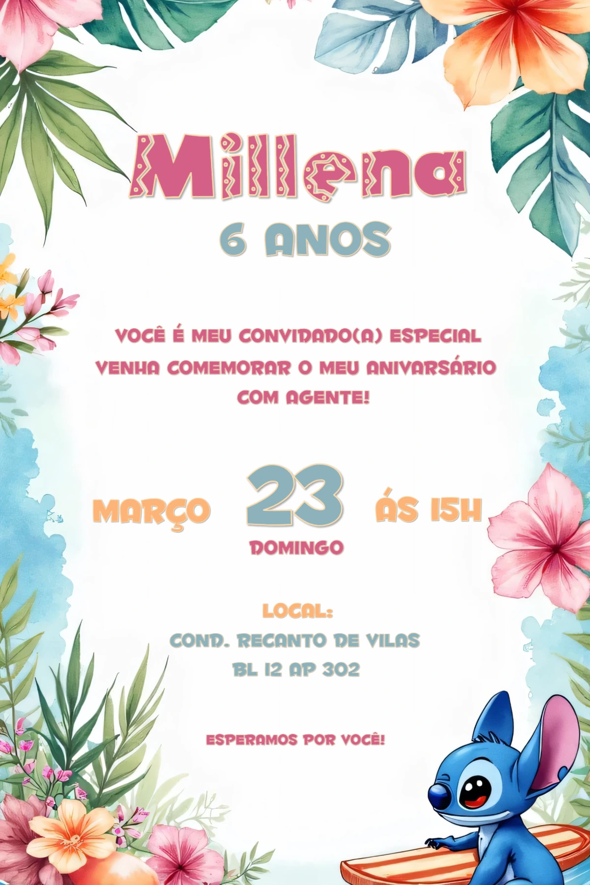 Convite de Aniversário Stitch Tropical para Editar Online