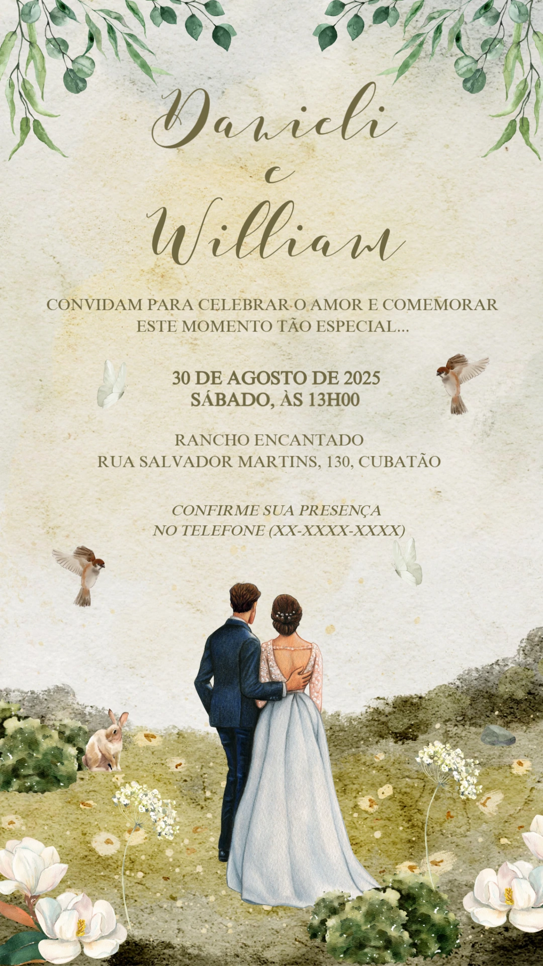 Convite de Casamento Verde Oliva Aquarela para Editar Online