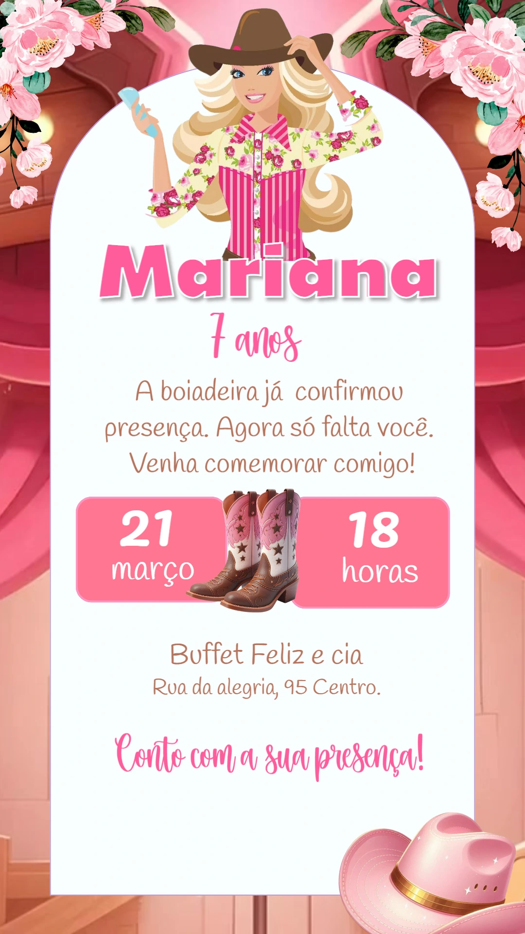 Convite Aniversário Barbie Boiadeira Country para Editar Online