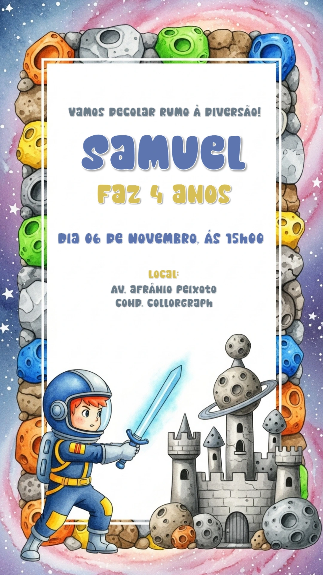 Convite Aniversário Astronauta com Castelo Espacial para Editar