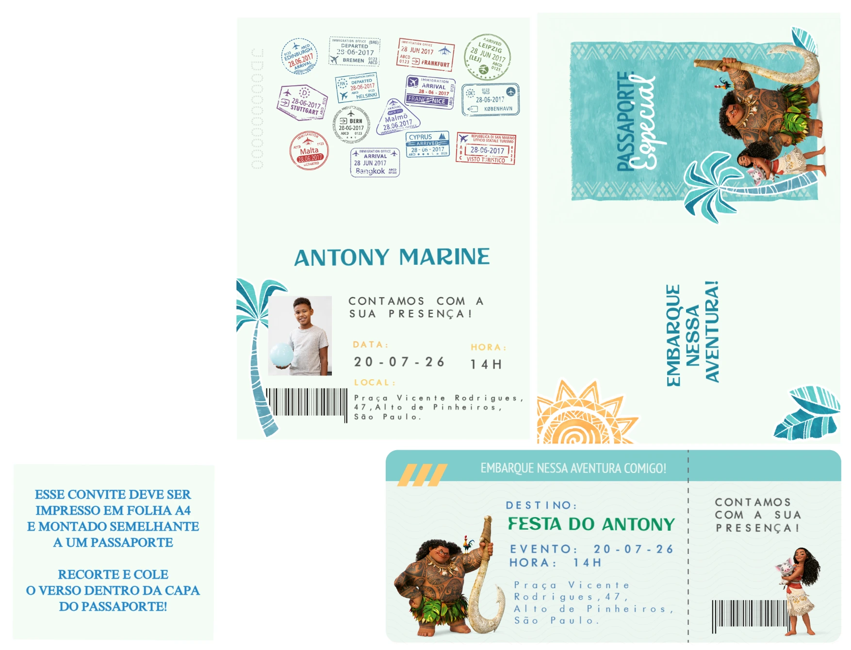 Convite de Aniversário Moana em Formato Passaporte Editável