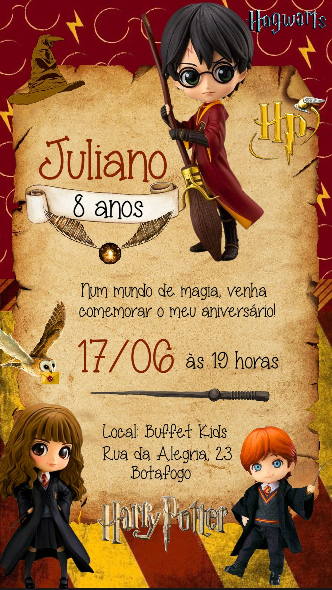 Convite Aniversário Harry Potter com Personagens para Editar