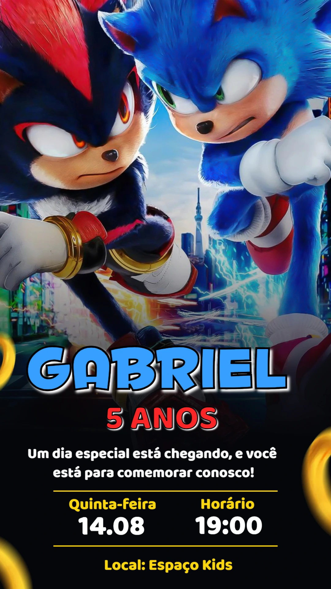 Convite Digital Aniversário Sonic e Shadow Modelo Editável