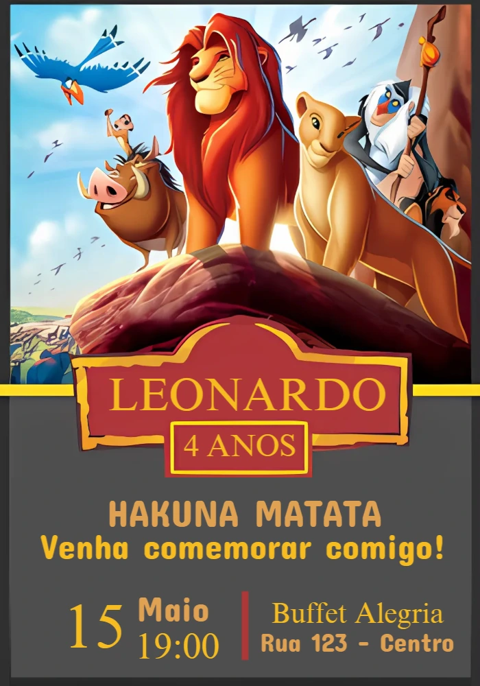 Convite Aniversário Rei Leão com Personagens para Editar Online