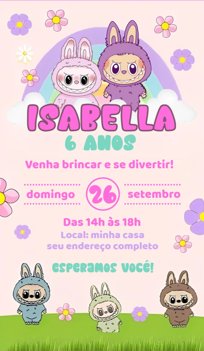 Convite de Aniversário Labubu Editável Online para Imprimir