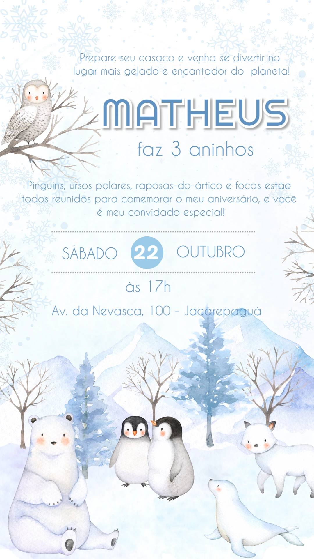 Convite Aniversário Animais do Ártico para Editar Online