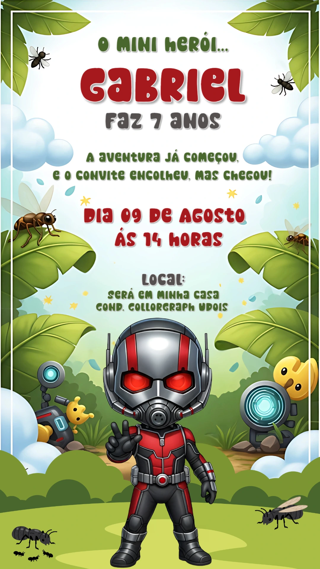 Convite de Aniversário Homem Formiga para Editar Online