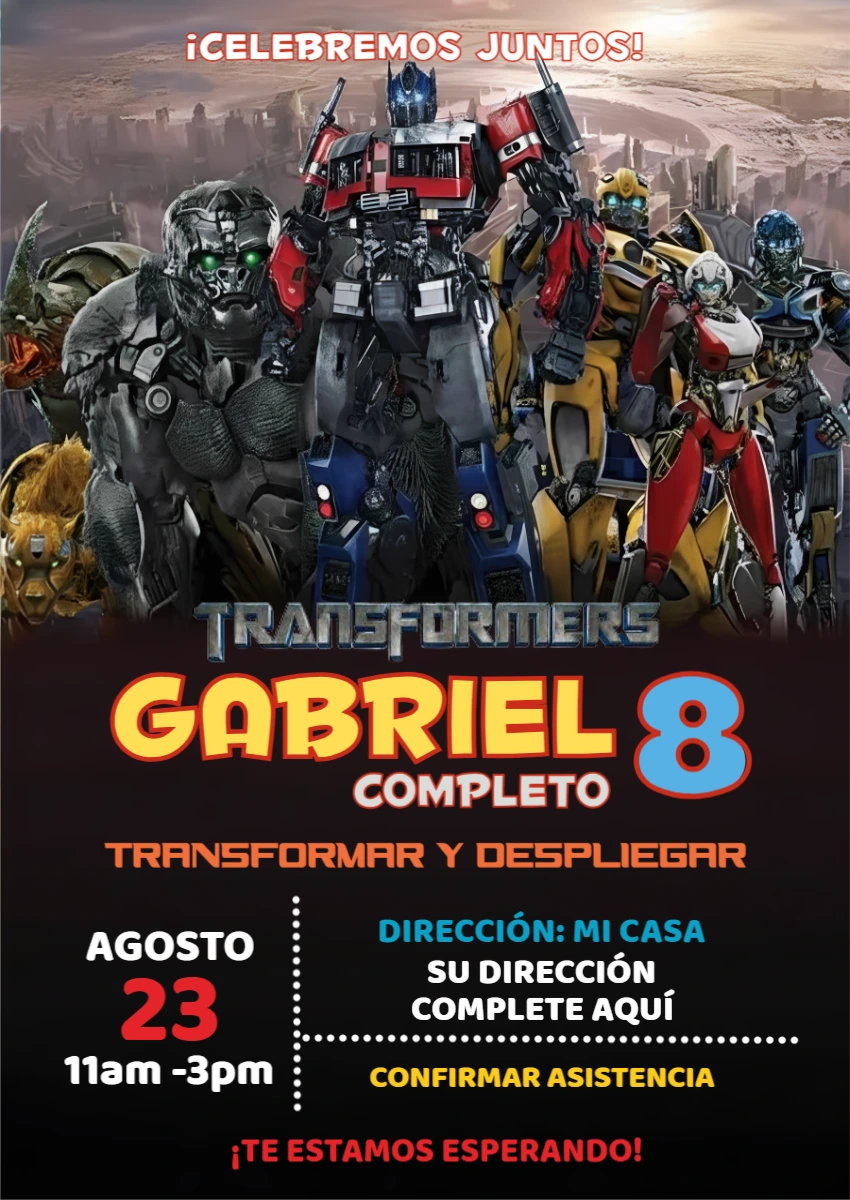 Invitación de Cumpleaños Transformers Editable Modelo Digital