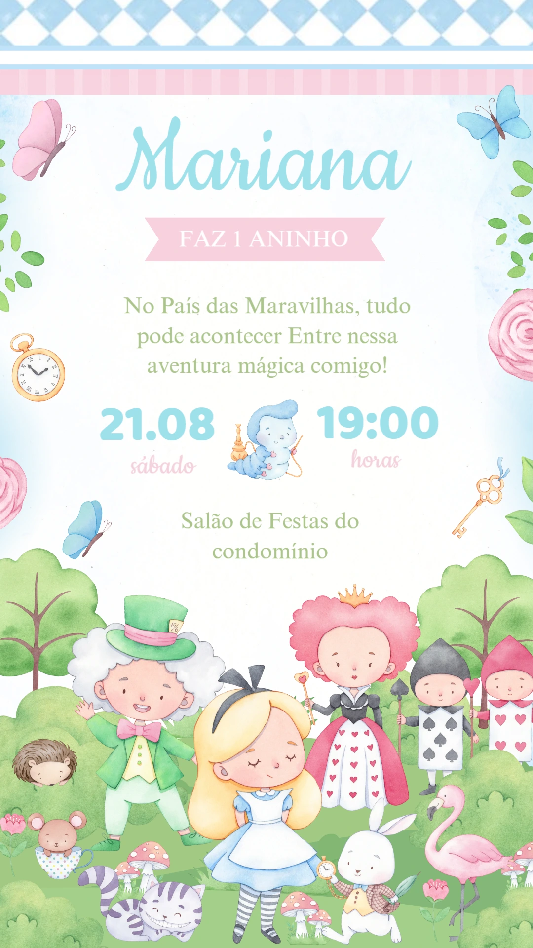 Convite Aniversário Alice no País das Maravilhas para Editar
