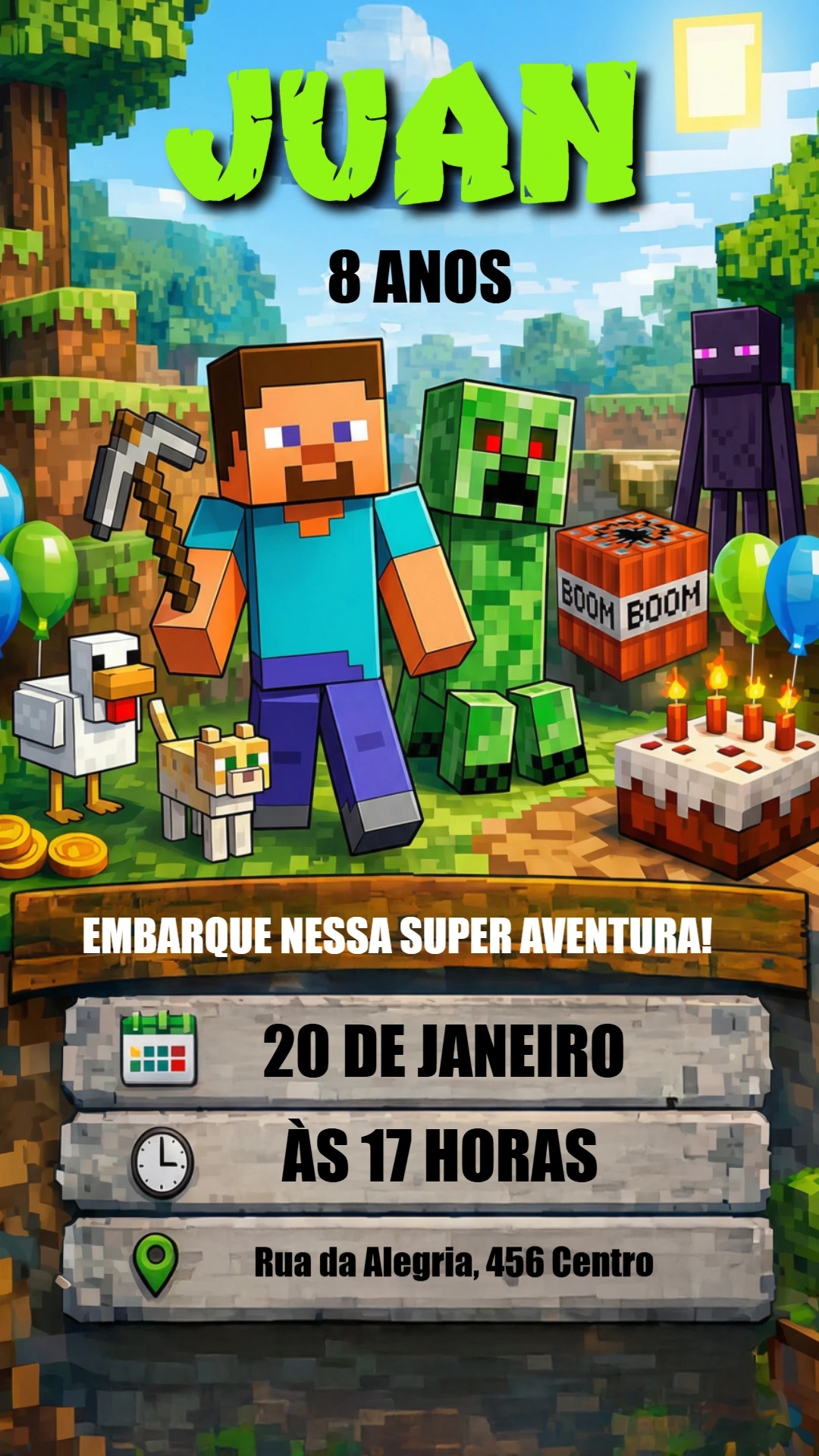 Convite de Aniversário Minecraft para Editar e Enviar