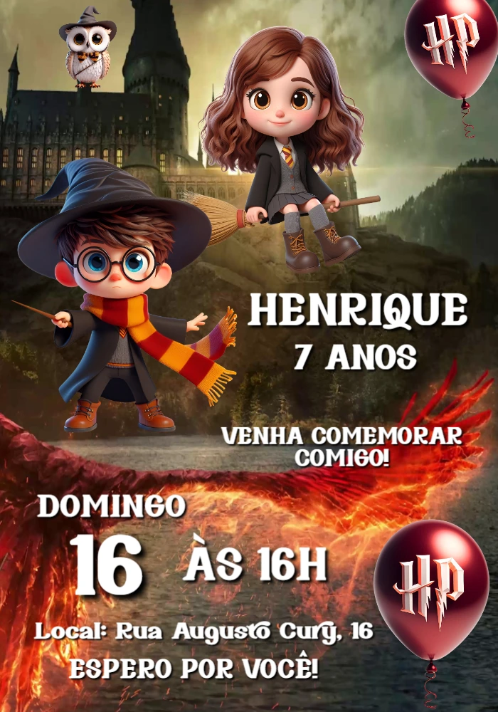 Convite Digital Infantil Tema Harry Potter Editável
