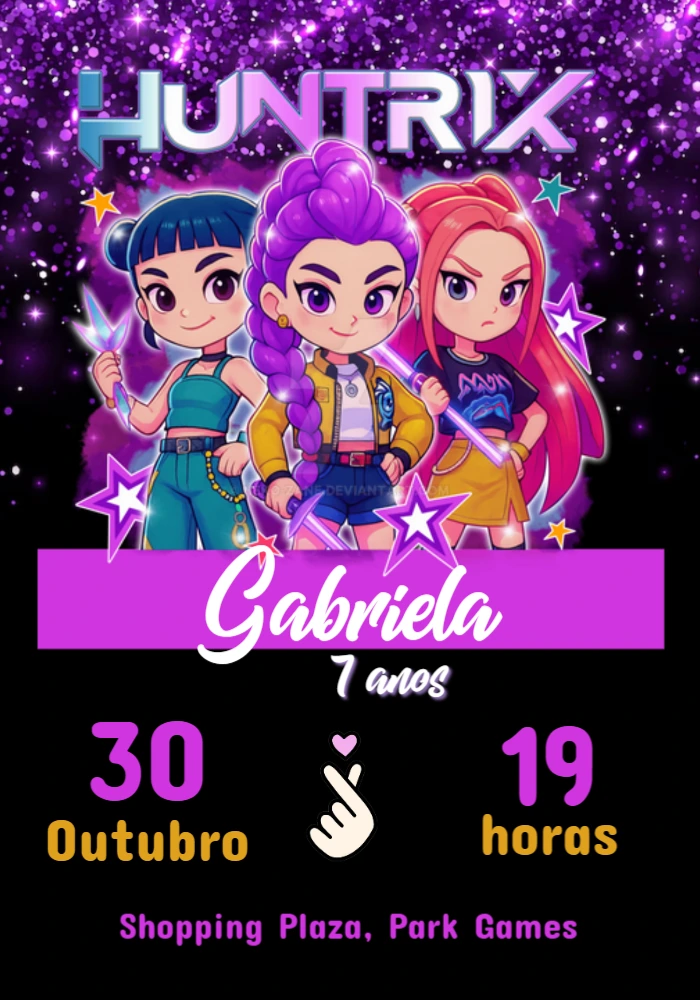 Convite Aniversário Huntrix Kpop para Editar Online
