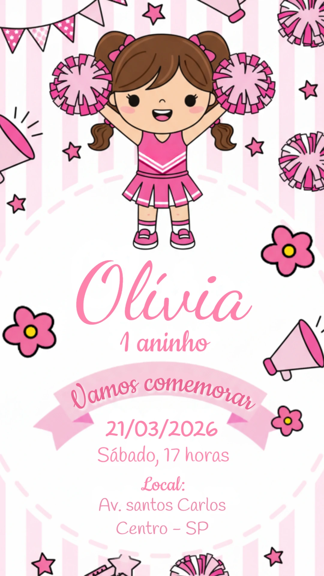 Convite de Aniversário Líder de Torcida Rosa para Editar