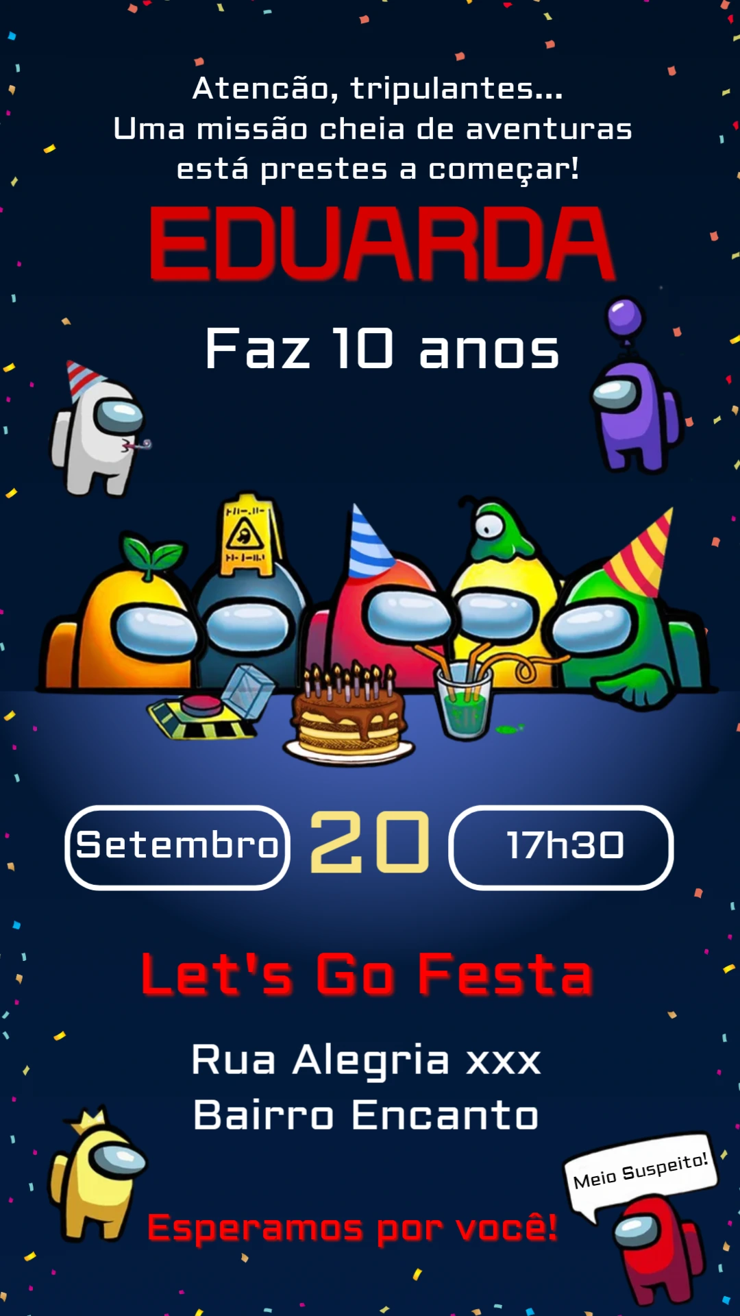Convite Aniversário Among Us com Tripulantes para Editar Online