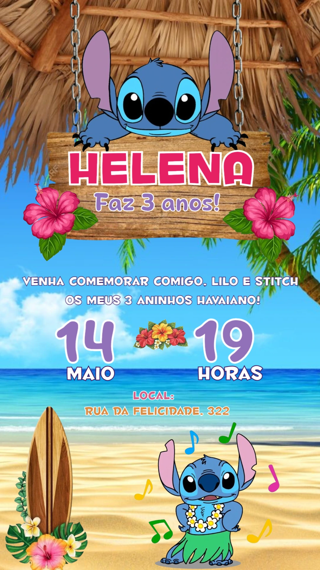 Convite de Aniversário Stitch Havaiano para Editar Online