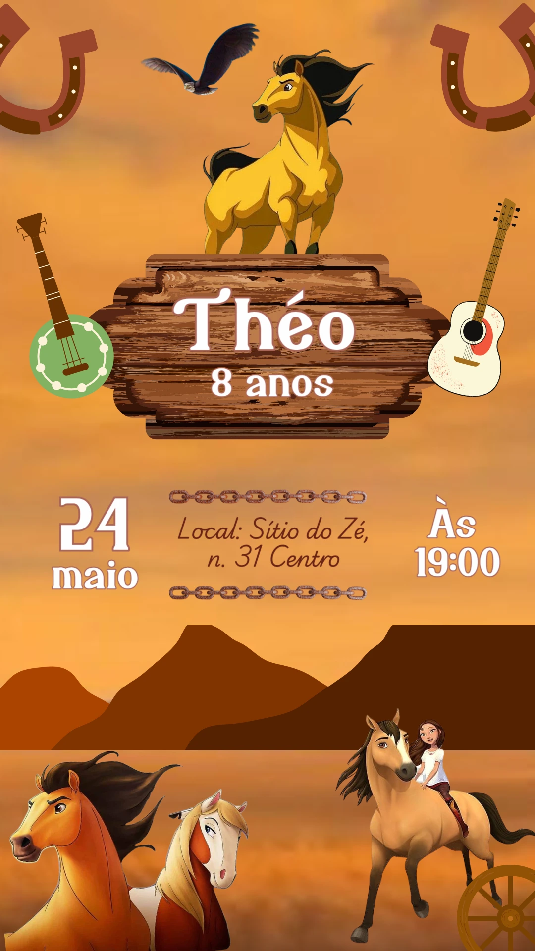 Convite de Aniversário Spirit Corcel Indomável para Editar Online