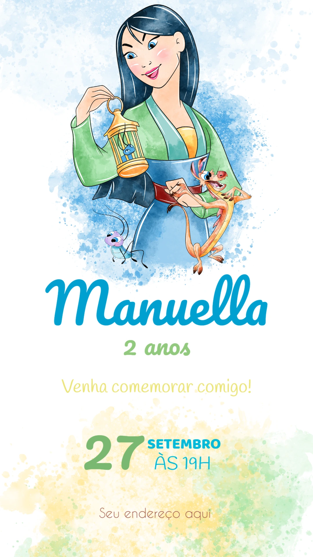 Convite Aniversário Mulan com Personagens para Editar Online