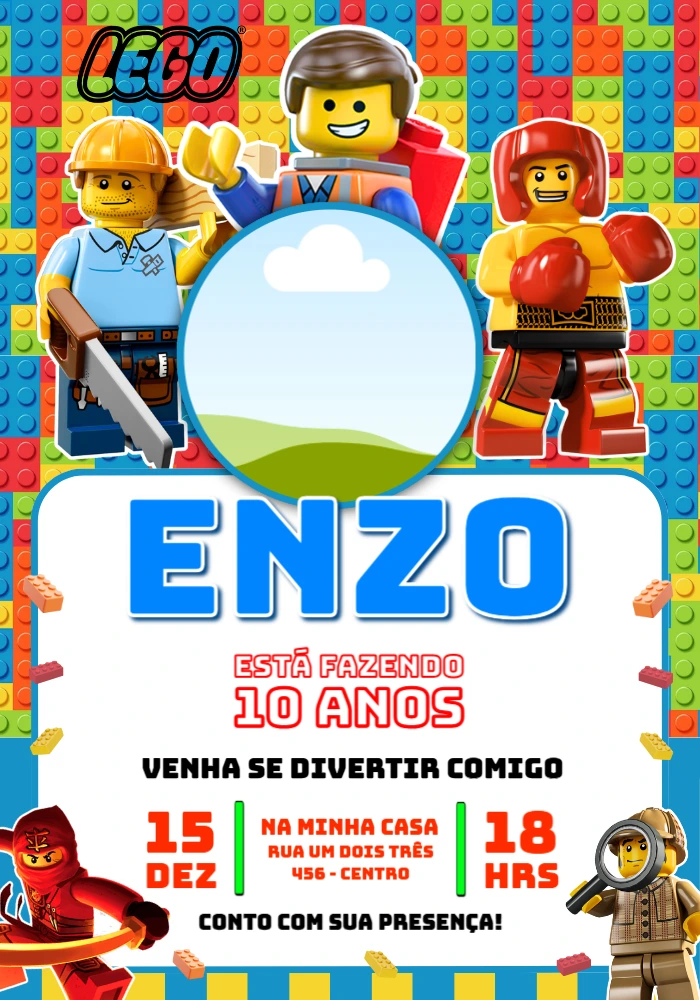 Convite de Aniversário LEGO Colorido para Editar Online