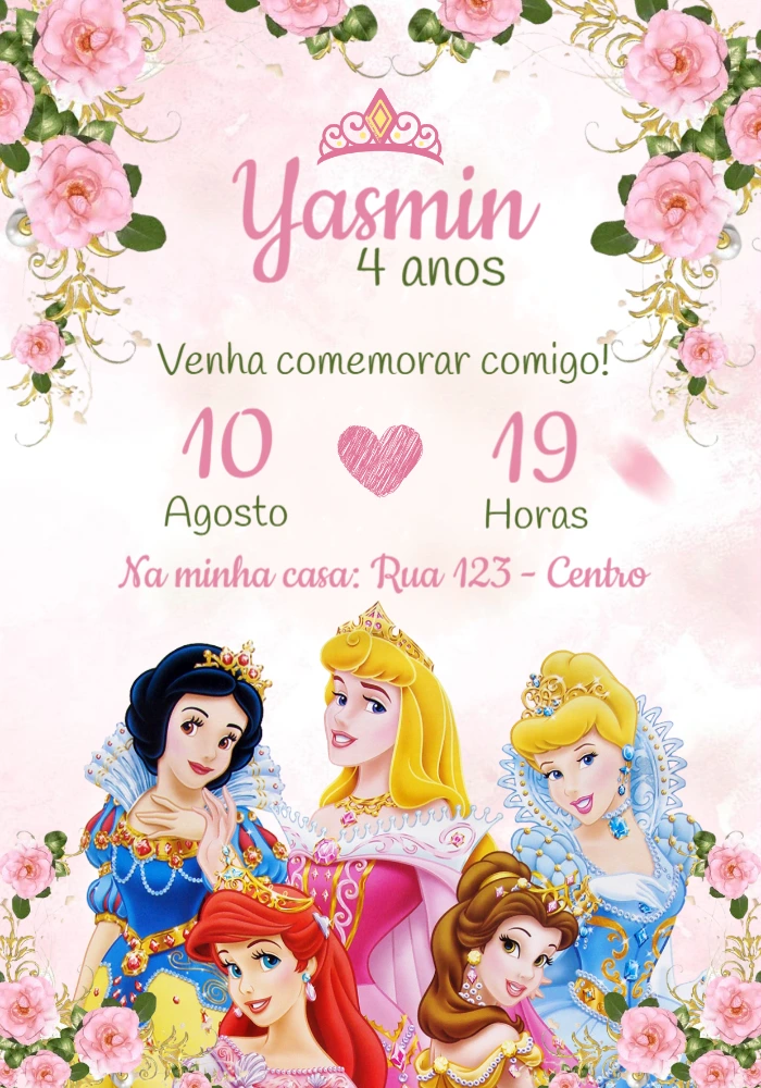 Convite Aniversário Princesas Disney para Editar Online