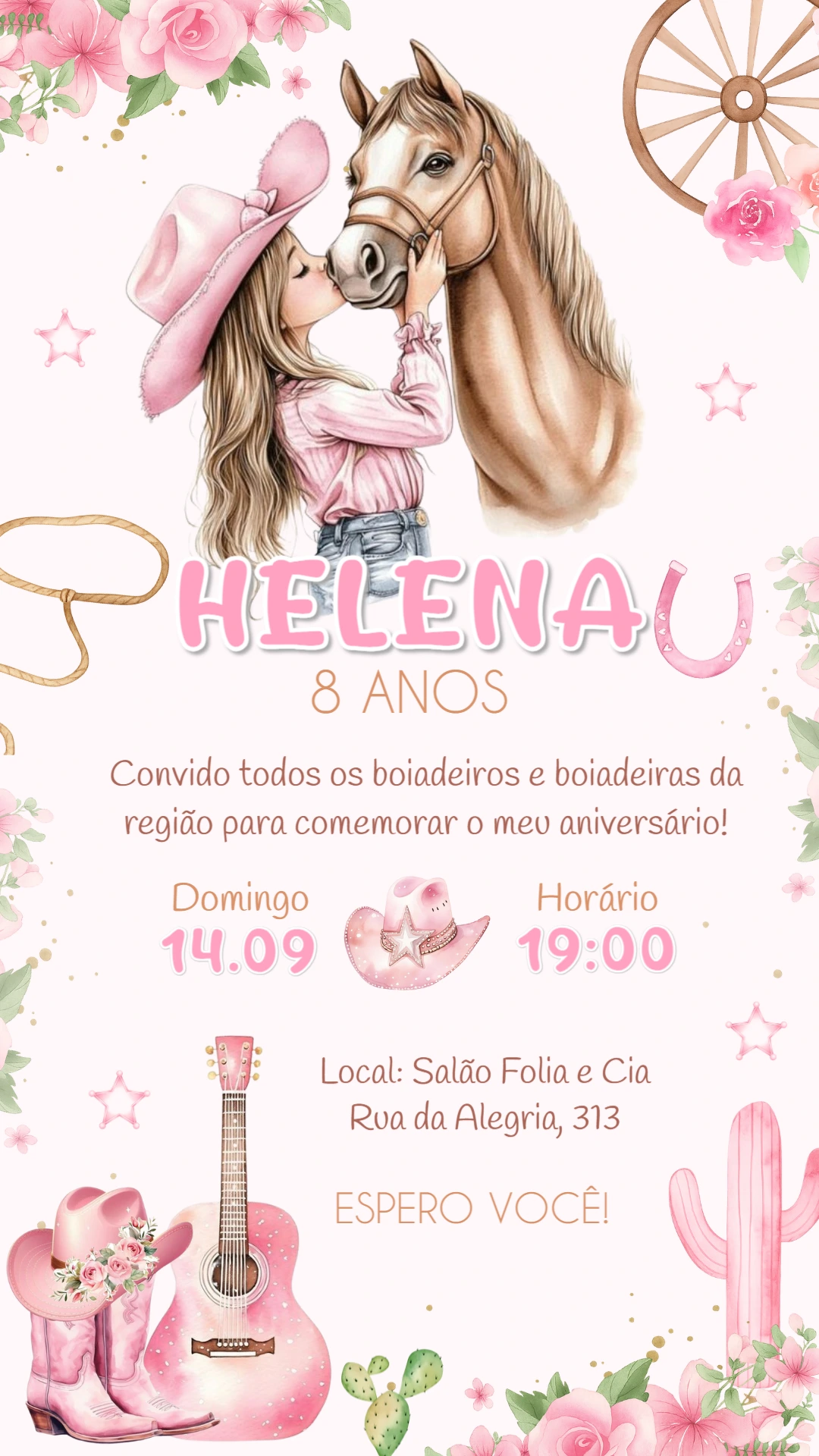 Convite Aniversário Boiadeira Rosa para Editar Online