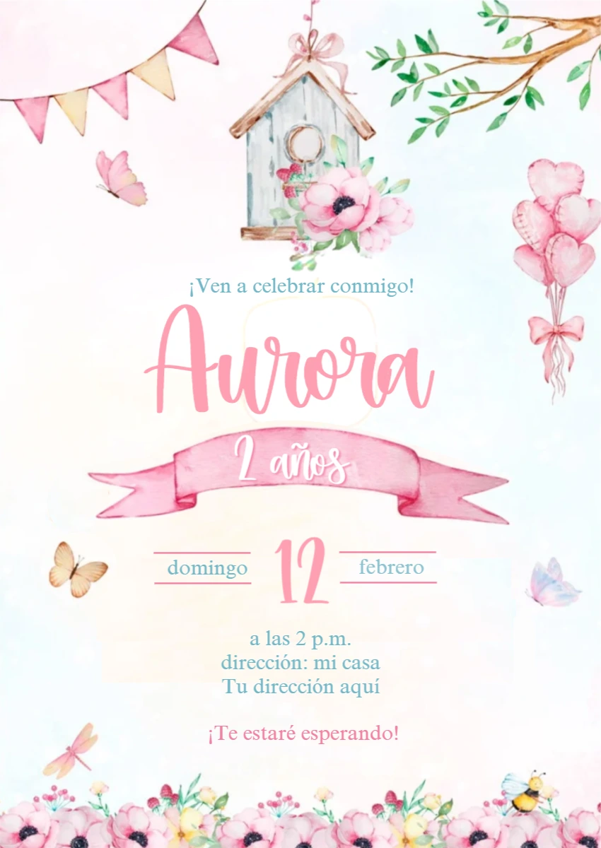 Invitación de Cumpleaños Niña Pajaritos y Flores Acuarela Editable