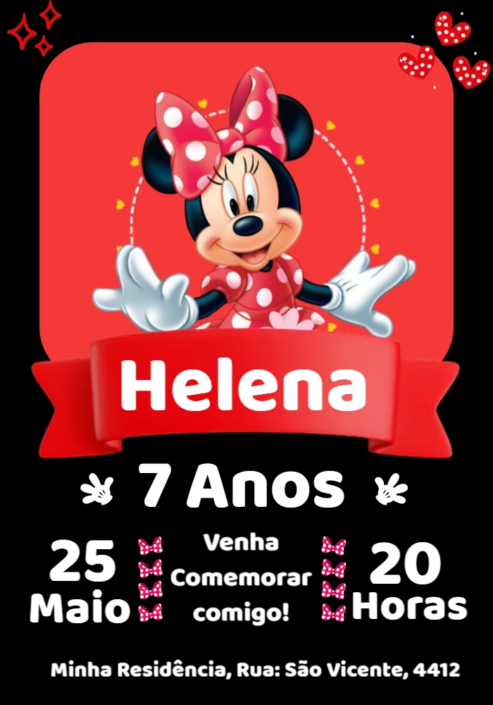 Convite de Aniversário Minnie Vermelha para Editar Online