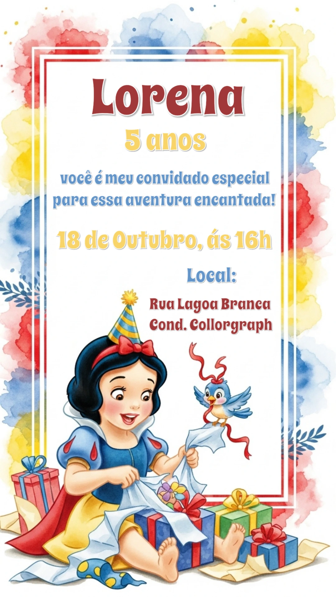 Convite de Aniversário Branca de Neve para Editar Online