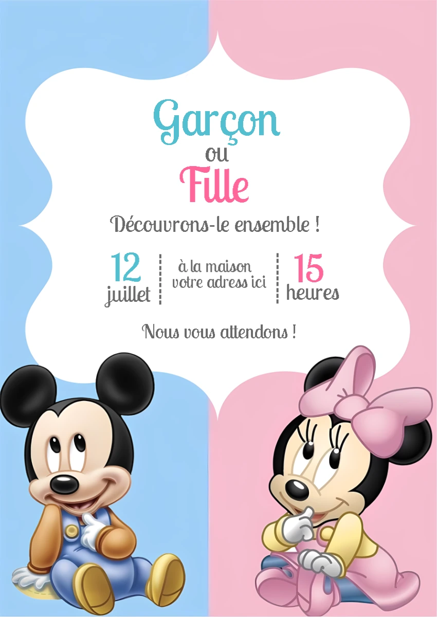 Invitation Révélation Genre Bébé Mickey et Minnie à Modifier