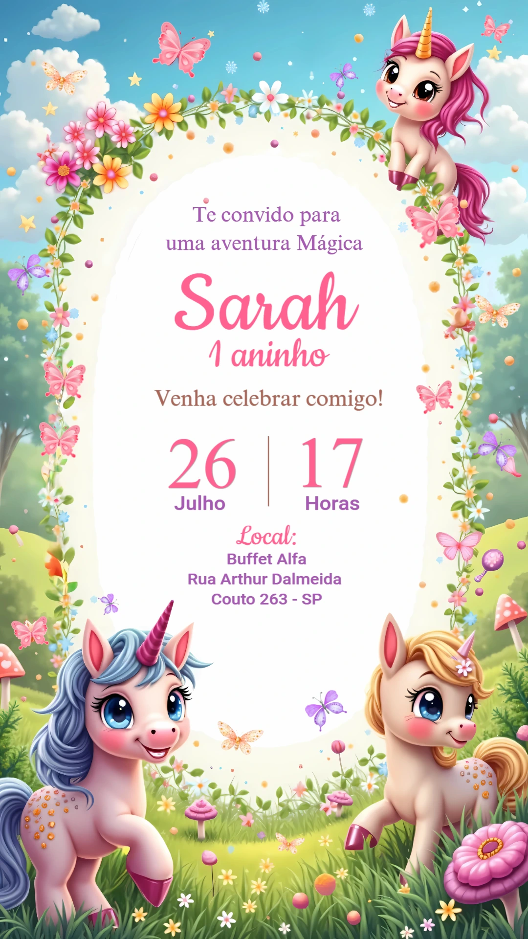 Convite de Aniversário Unicórnio Mágico para Editar Online