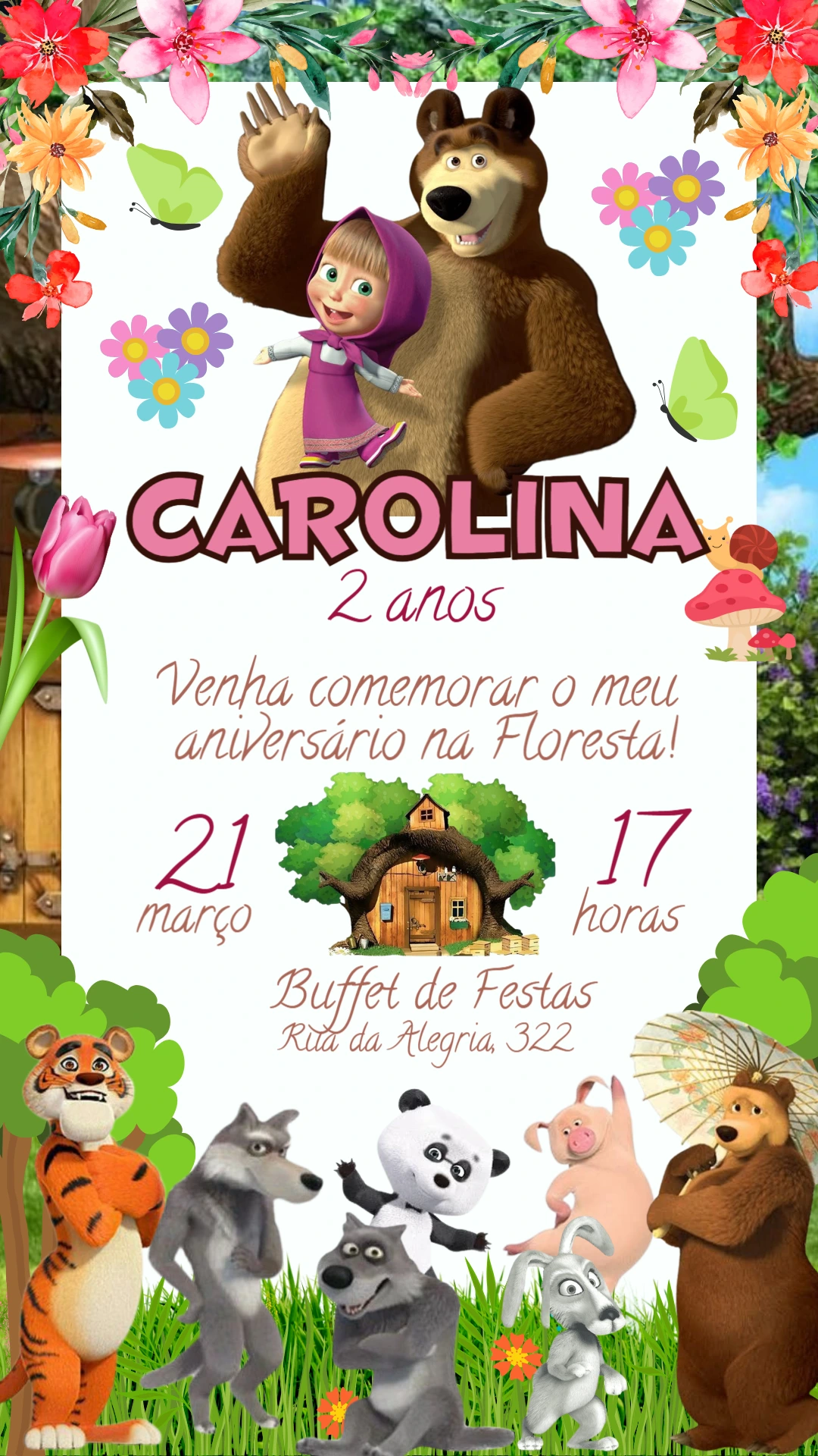 Convite Aniversário Masha e o Urso para Editar Online