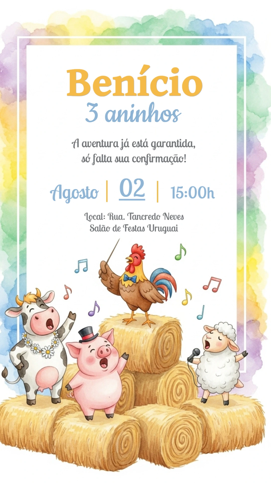 Convite Aniversário Fazendinha com Bichinhos para Editar Online