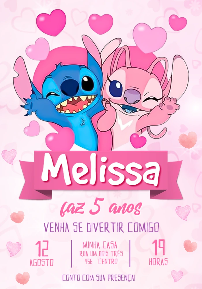 Convite de Aniversário Stitch e Angel para Editar Online