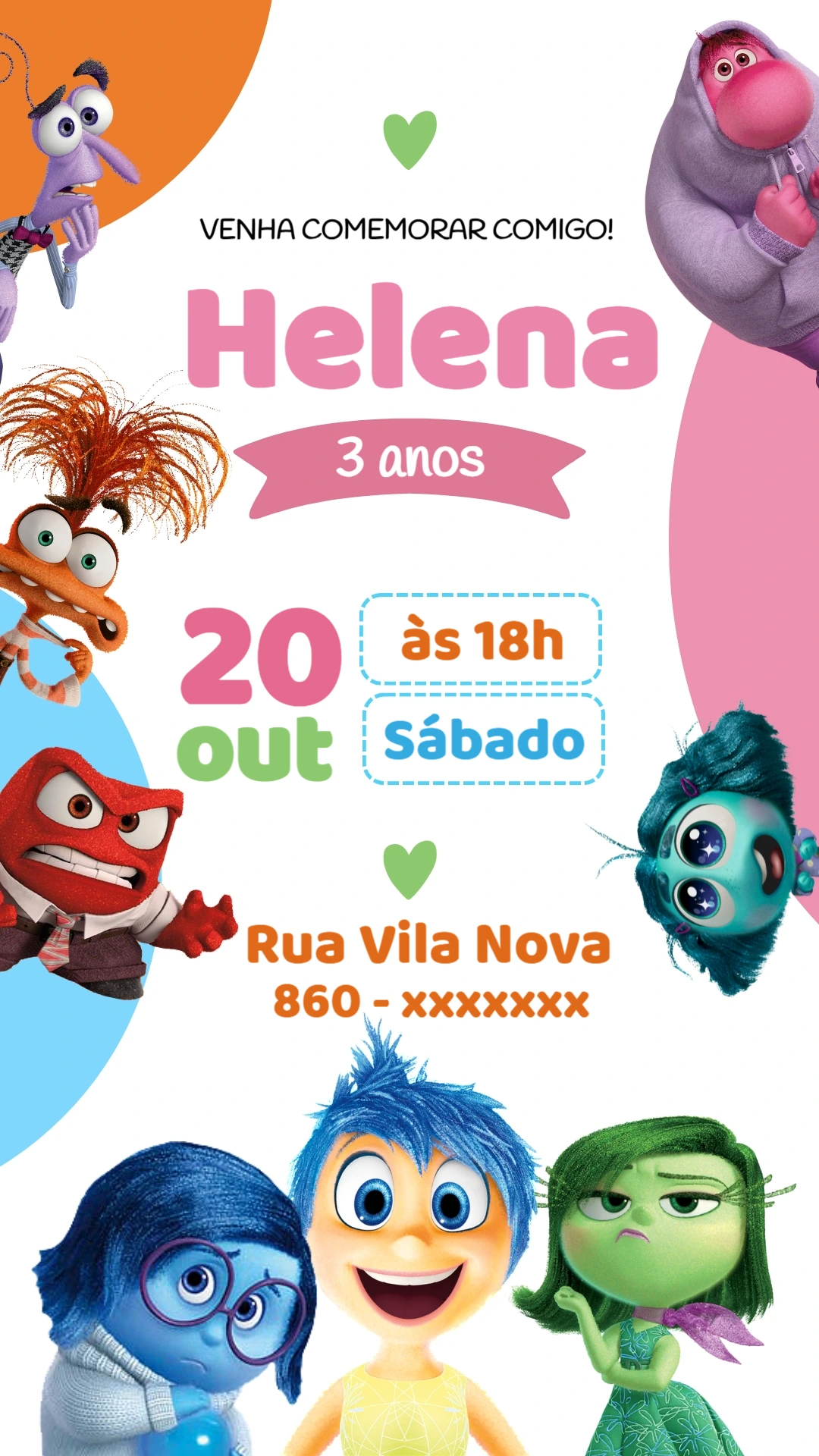 Convite de Aniversário Divertida Mente Colorido para Editar