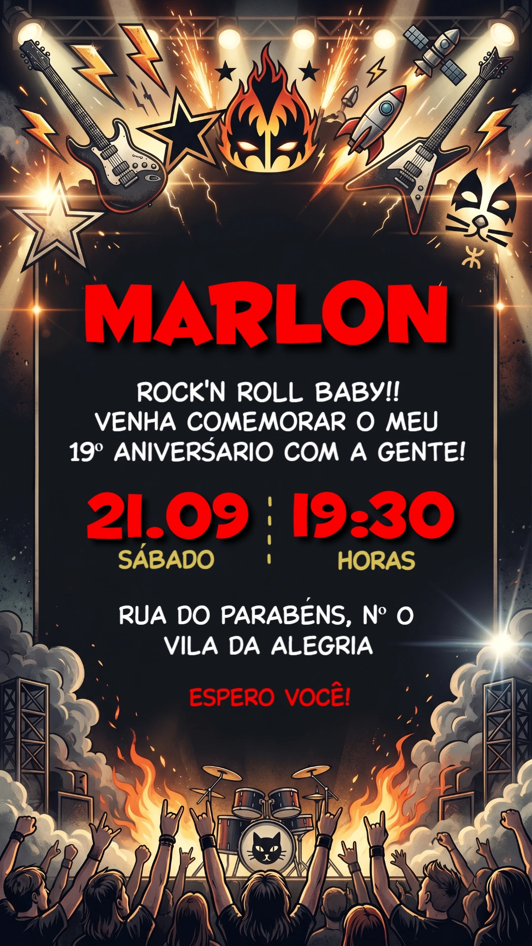 Convite de Aniversário Rock 'n' Roll Kiss para Editar