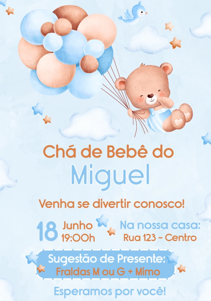 Convite Chá de Bebê Ursinho Baloeiro para Editar Online