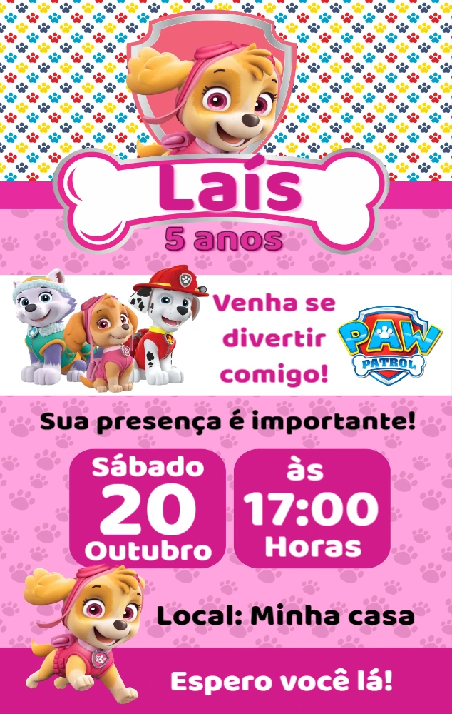 Convite Aniversário Patrulha Canina Skye para Editar Online