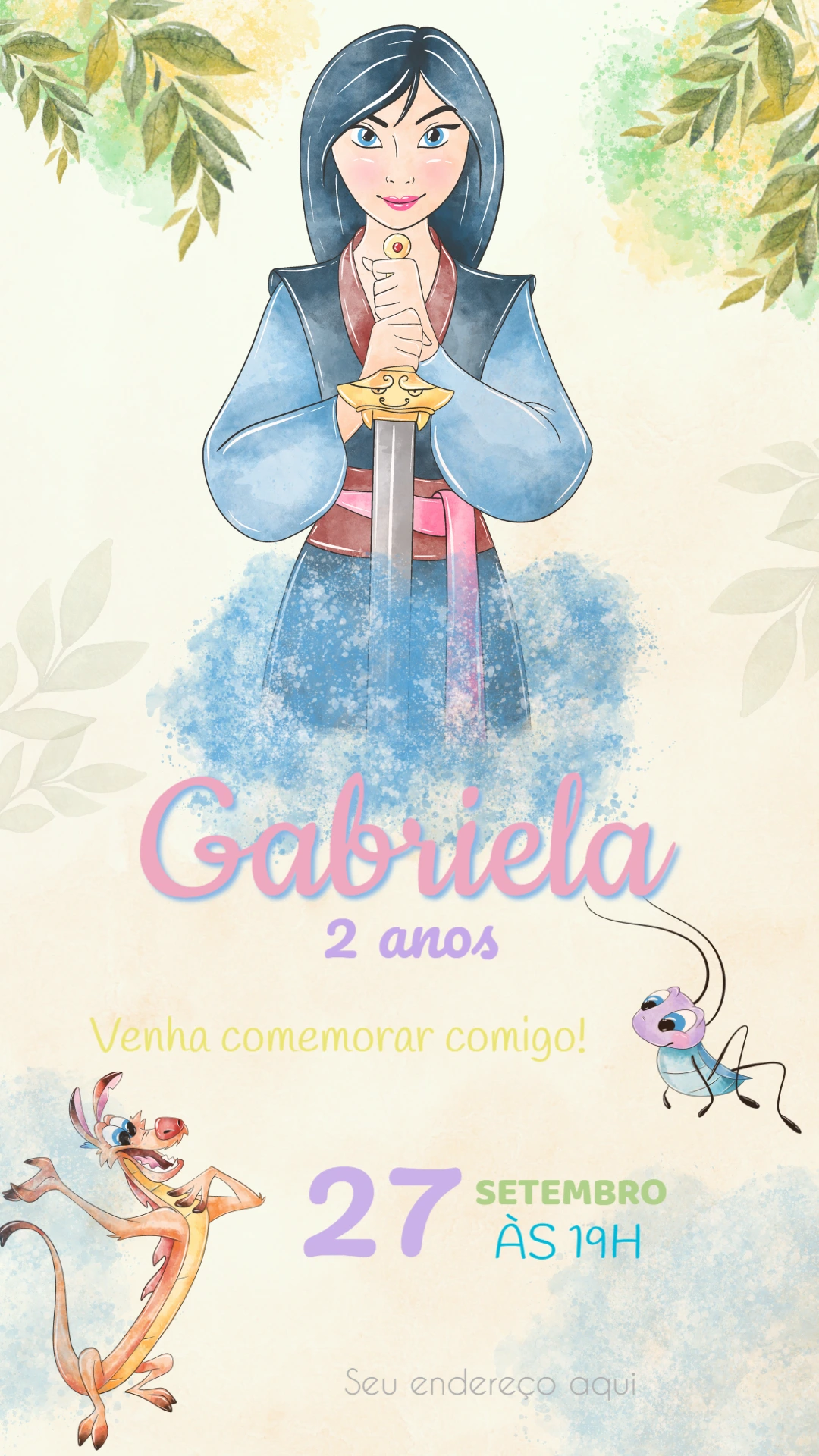 Convite de Aniversário Mulan para Editar e Imprimir