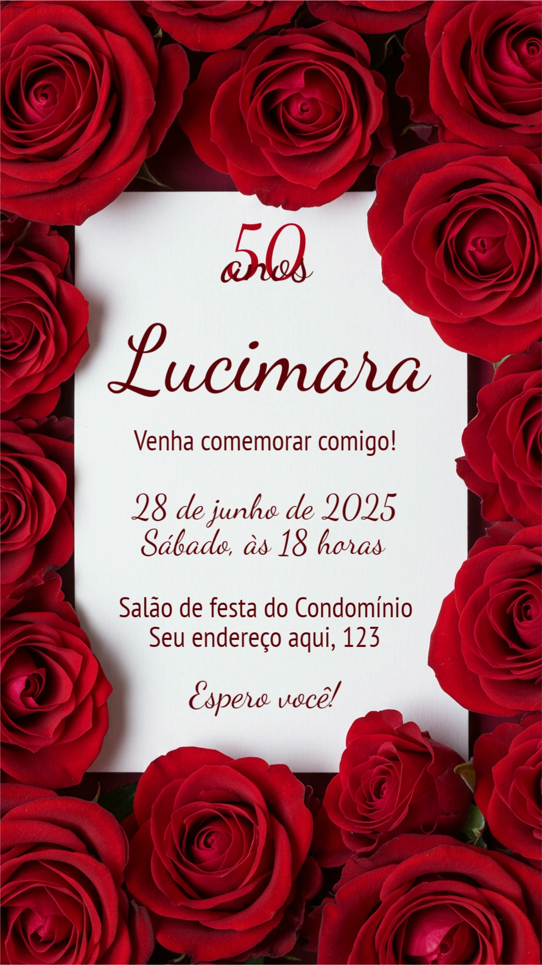 Convite Aniversário Adulto Rosas Vermelhas para Editar