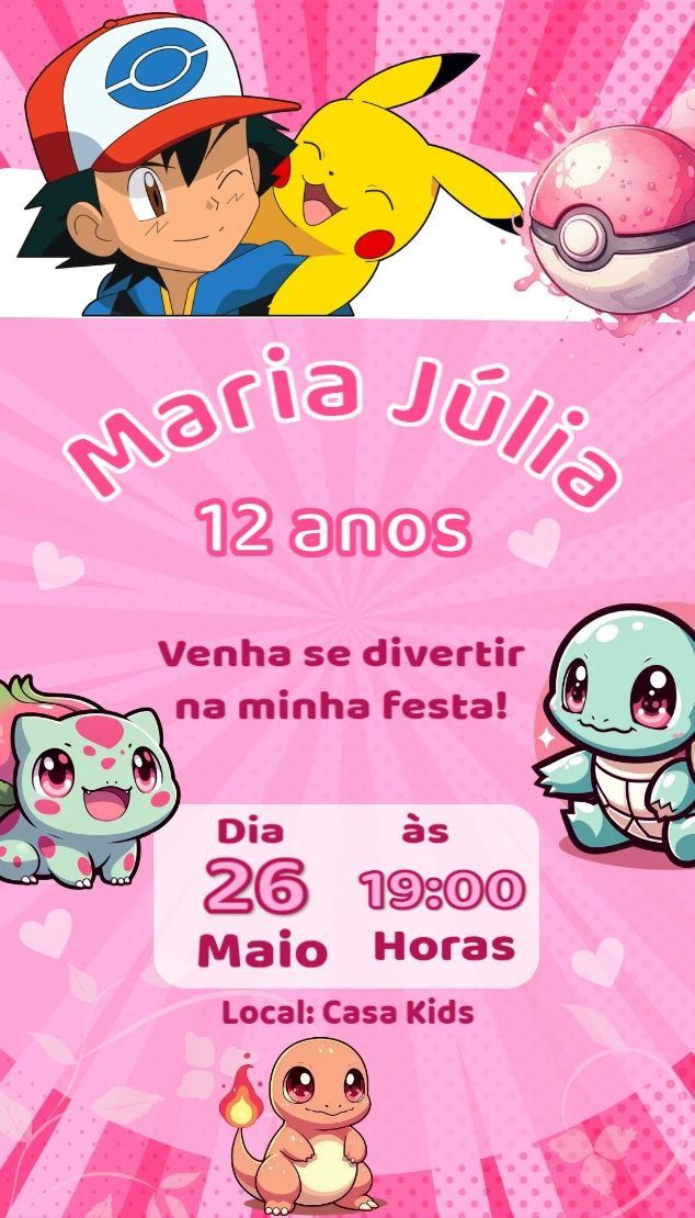 Convite Aniversário Pokémon Rosa com Personagens para Editar