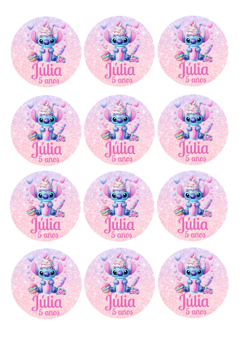 Adesivo Redondo Aniversário Stitch Doces para Editar Online
