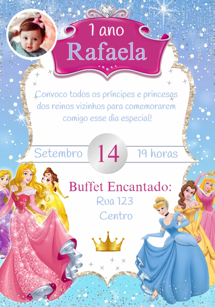 Convite Aniversário Princesas com Foto para Editar Online