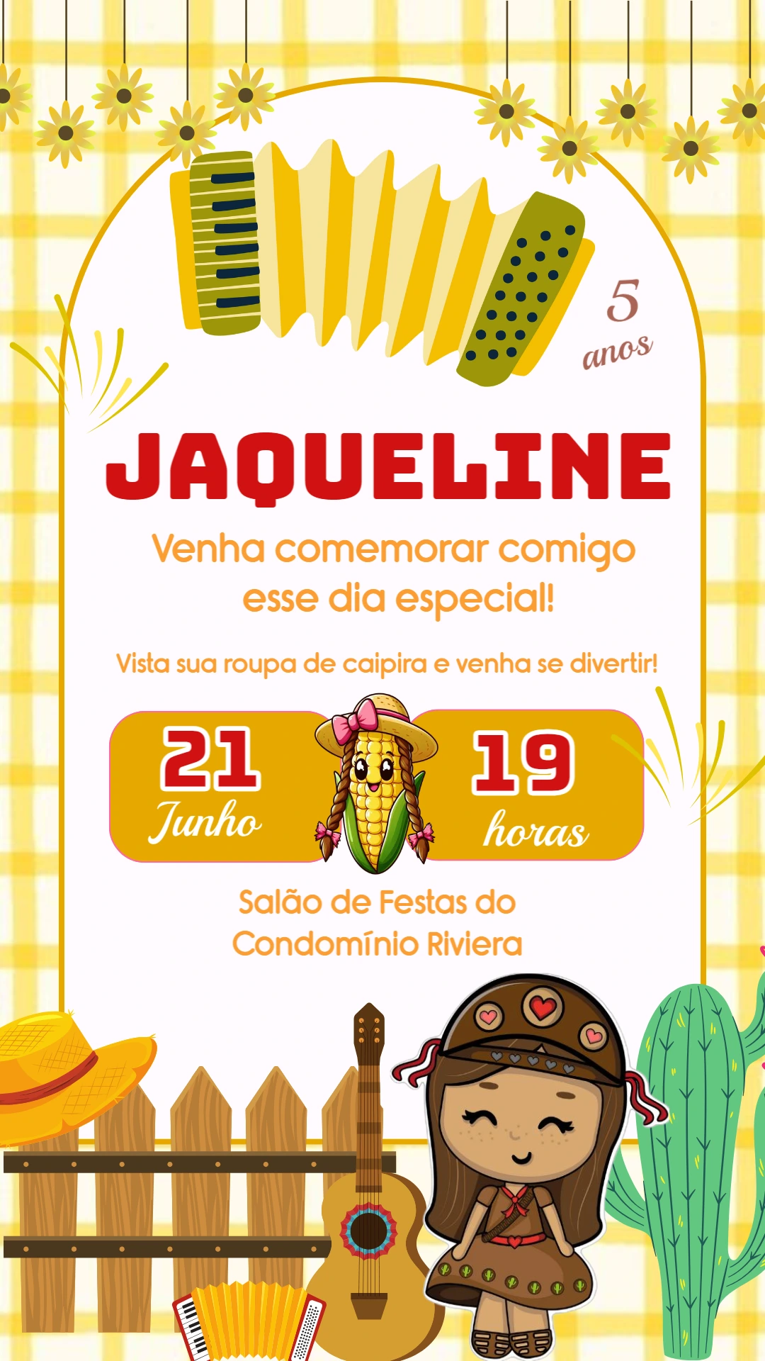 Convite Aniversário Festa Junina com Personagens para Editar