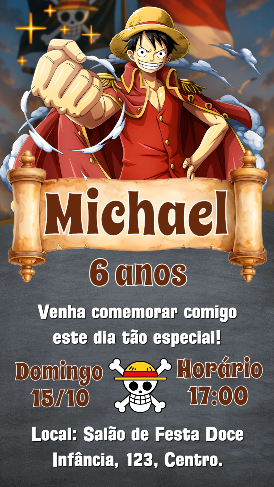 Convite de Aniversário One Piece com Luffy para Editar Online